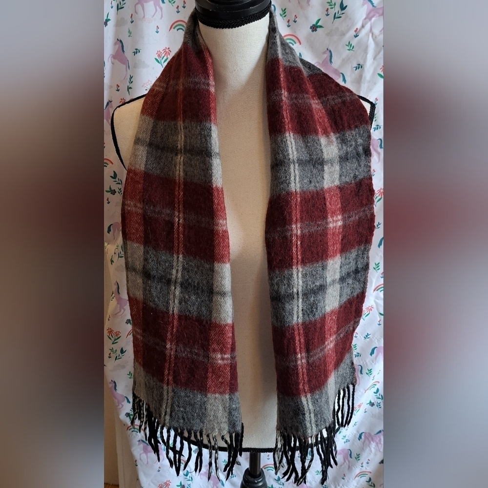 EUC Vintage Dior Burgundy & Grey Plaid Merino Wool Reverse Casual Scarf Wrap
